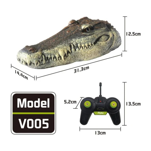 Measurement chart of a remote-controlled alligator head with dimensions and Flytec branding