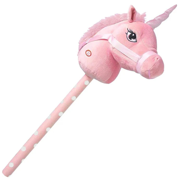 Pink plush unicorn toy on a stick with harnass